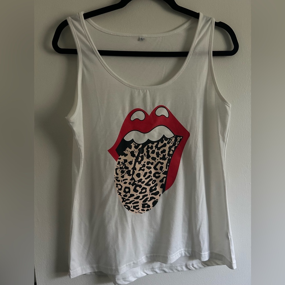 Rolling Stones White Tank Top with Red and Leopard Print Size Large